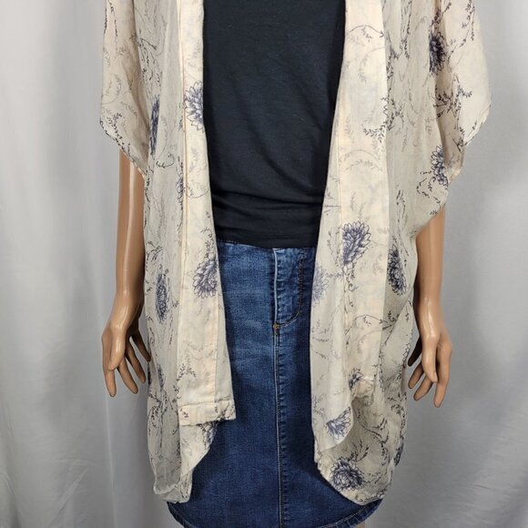 Loft Women's Blush Pink With Blue Floral Pattern Sleeveless Open Kimono Size M/L - Picture 7 of 10